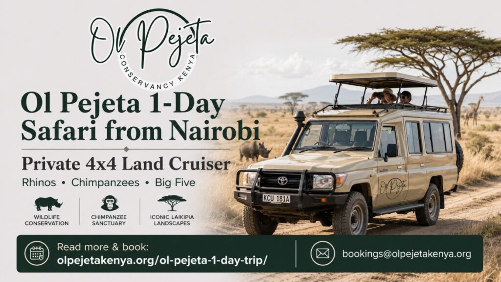 Book your Ol Pejeta 1-Day Safari from Nairobi graphic with rhino, chimpanzees, lions, pricing, booking link, and email