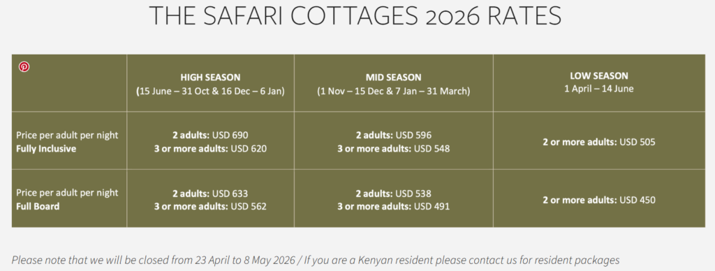 Ol Pejeta safari cottages rates 2026
